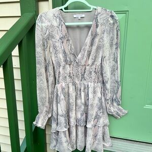 Olivaceous Snake Print Mini Dress Size Medium Ruffle Plunge V Neck Boho Mob wife